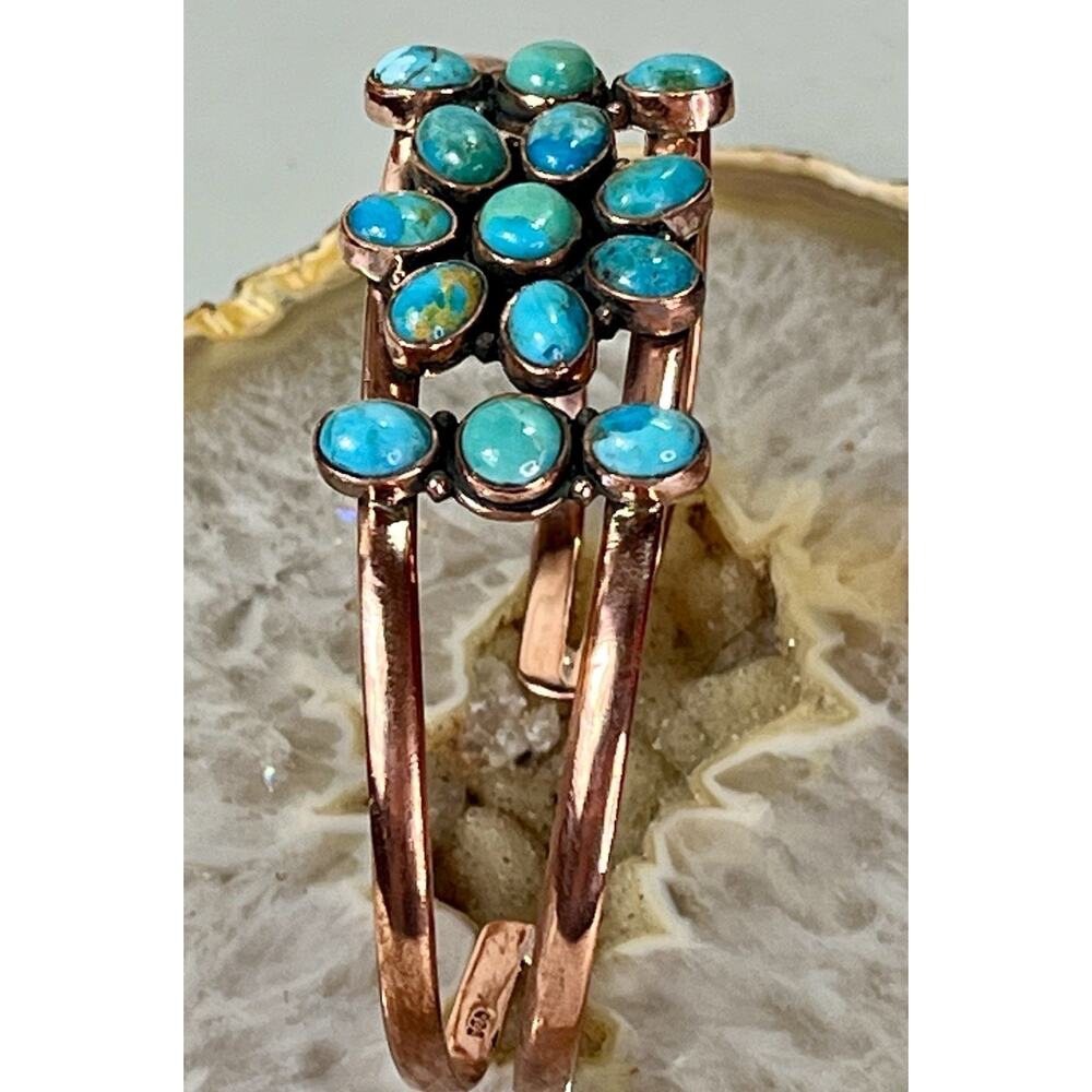 Southwestern Copper Kingman Turquoise Cluster Cuff Bracelet Handmade Statement - Picture 2 of 14